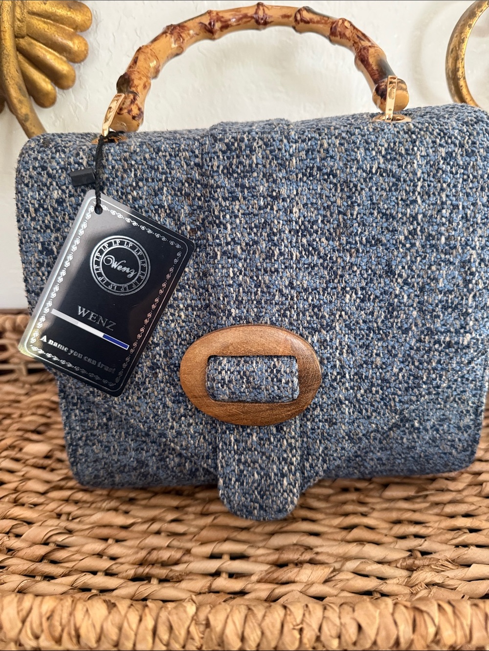 WEN Blue Tweed Satchel with Bamboo Handle and Wooden Accent